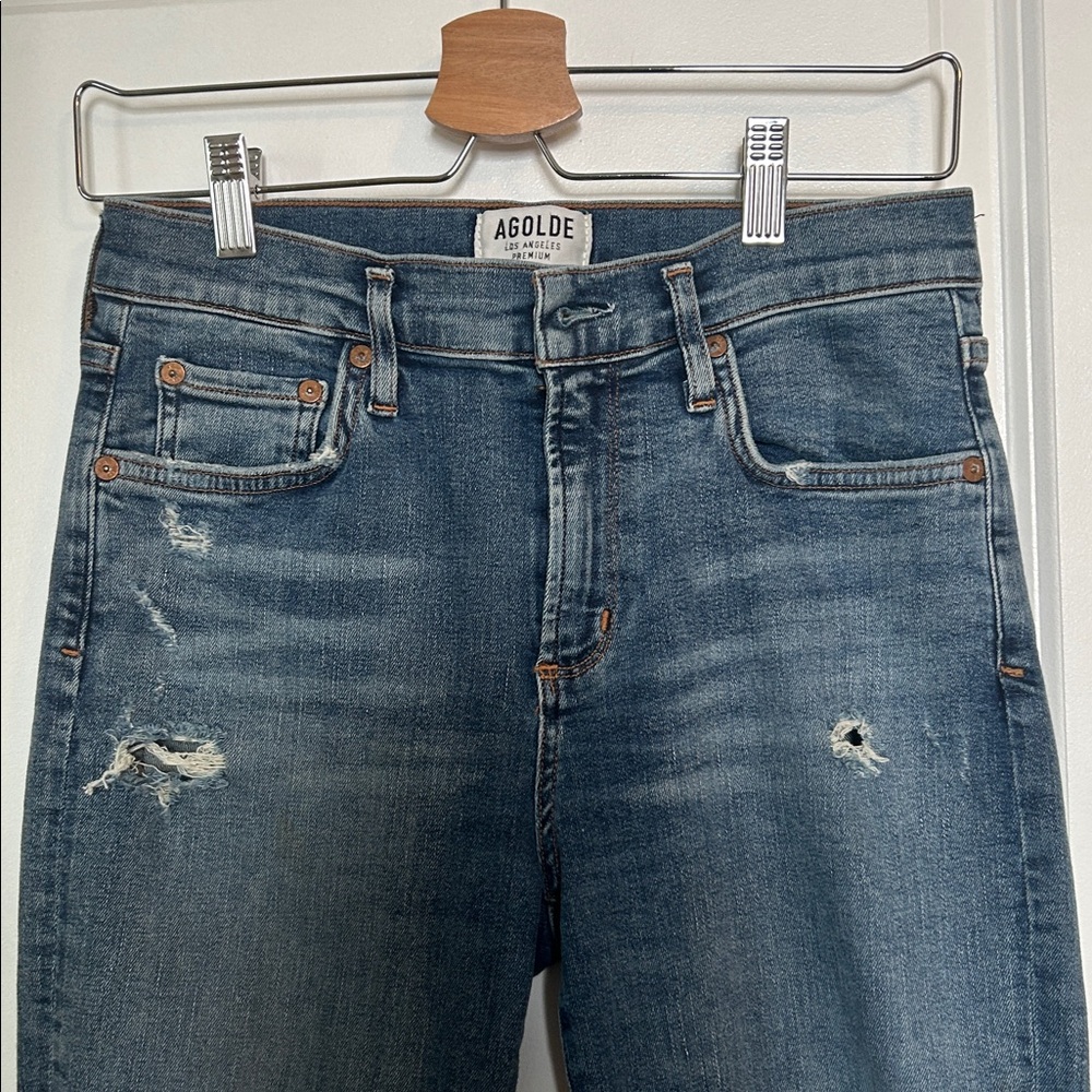 AGOLDE High Rise Ripped Dark Blue Jeans - Picture 2 of 8